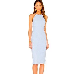Yumi Kim save the date dress with lace details, cocktail legnth, in light blue.